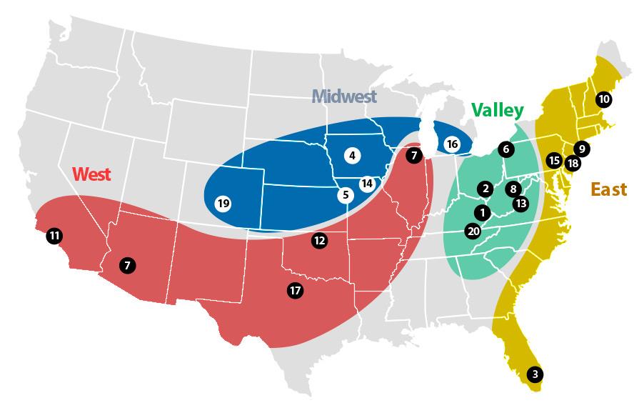 U.S. Map showing OPTI regions, West, Midwest, Valley, East