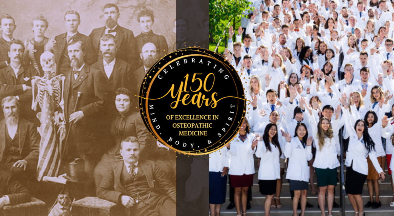 Banner showing first osteopathic medical school class and a recent class