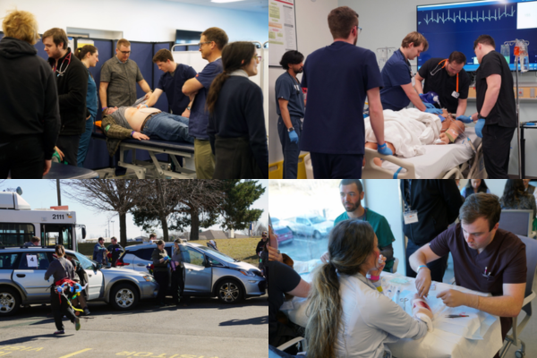 Group of four images: ICOM students in the second annual MCI training program, which included a vehicular incident for students to respond to