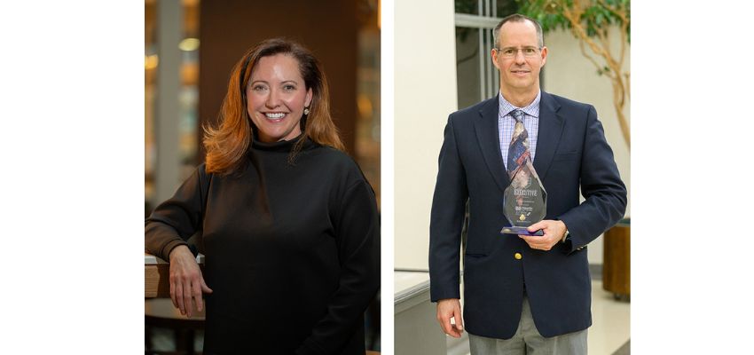 A side-by-side portrait featuring a woman in a black sweater leaning on a table and a man in a suit holding an engraved glass award.