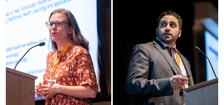 A split-image of two conference speakers presenting at a podium, one in a patterned blouse and the other in a suit, both wearing orange lanyards.