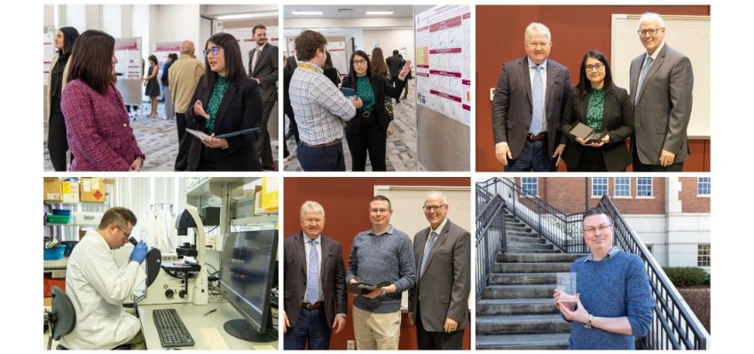 A collage of images from a research event, including poster presentations, laboratory work, and award recognitions.