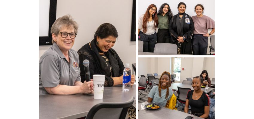 Collage of students and faculty engaging at a campus event, including panelists speaking, small group conversations and group photos.