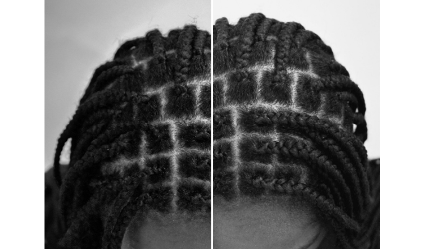 A closeup view of Abigail's braids take up the majority of two photos, one showing the left side of her hair and one showing the right side of her hair.