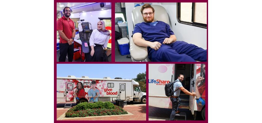 Students and staff participate in a blood donation drive organized by VCOM-Louisiana with LifeShare Blood Center's mobile unit.