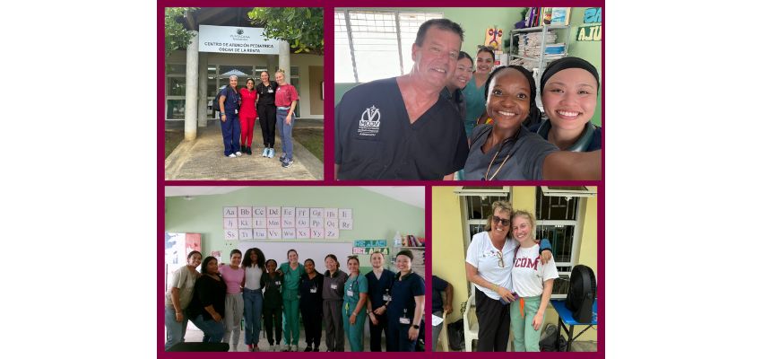 Collage of medical students and professionals smiling, posing in various settings, including a clinic and classroom.