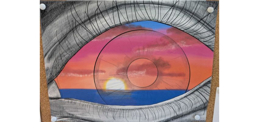 Artwork of an eye with a sunset scene reflected in the pupil, blending realistic and abstract elements.