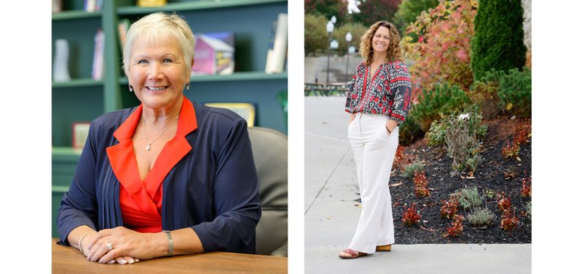 Two women, one in a professional office and the other outdoors, smiling.